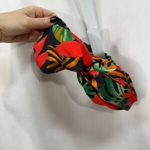 Zara Floral Tropical Print Elastic Back Top Knot Bow Headband Red Green Black
